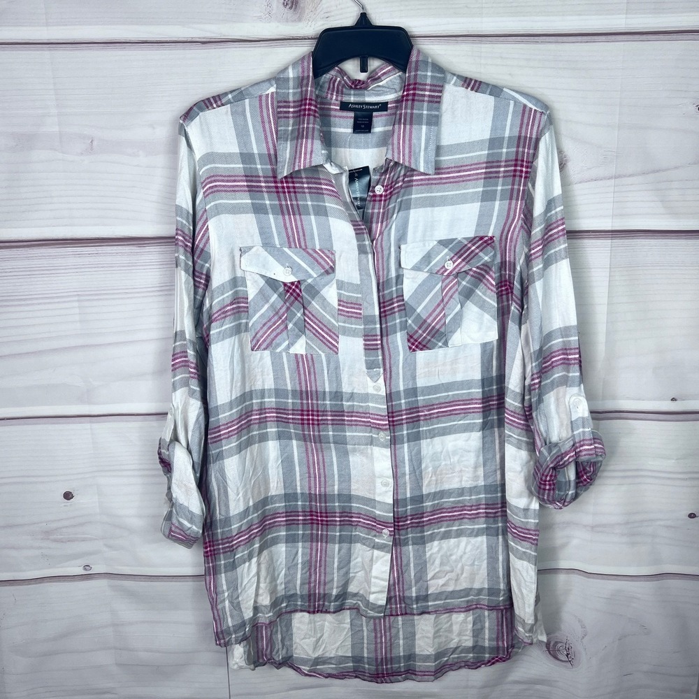 Ashley Stewart Top Women 18 Red Gray Plaid Shirt Tunic Flannel Tab Sleeve Collar